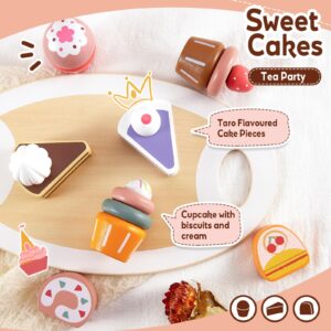 HYAKIDS Wooden Cake Play Food Set Toy, Tea Party Set for Toddler, with Cake Stand, Pretend Play Kitchen Toys for Kids