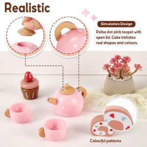 HYAKIDS Wooden Cake Play Food Set Toy, Tea Party Set for Toddler, with Cake Stand, Pretend Play Kitchen Toys for Kids