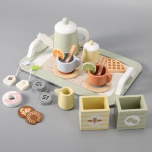 wooden tea party set for little girls, play tea set for kids toddlers, pretend play kitchen toy gift for 1 2 3 4 5 years old