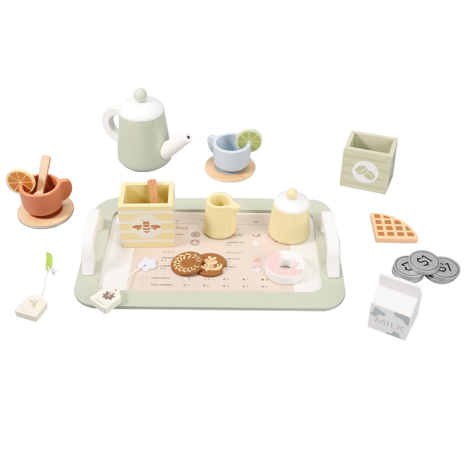 Wooden Tea Party Set for Little Girls, Play Tea Set for Kids Toddlers, Pretend Play Kitchen Toy Gift for 1 2 3 4 5 Years Old