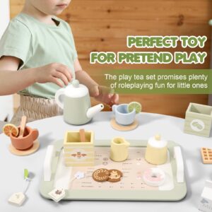 Wooden Tea Party Set for Little Girls, Play Tea Set for Kids Toddlers, Pretend Play Kitchen Toy Gift for 1 2 3 4 5 Years Old