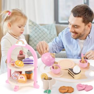Atoylink Wooden Tea Party Set for Little Girls Toys Kids Play Kitchen Toddler Tea Set with Play Food & Cupcake Stand Pretend Play Wooden Toys for 2 3 4 5 6 Year Old Girl Christmas Birthday Gift