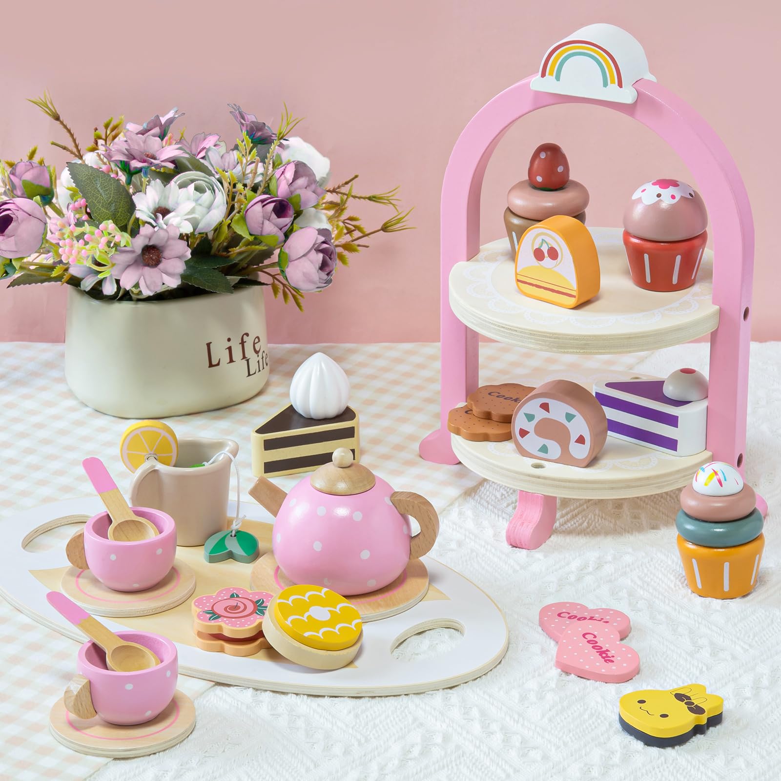 Atoylink Wooden Tea Party Set for Little Girls Toys Kids Play Kitchen Toddler Tea Set with Play Food & Cupcake Stand Pretend Play Wooden Toys for 2 3 4 5 6 Year Old Girl Christmas Birthday Gift