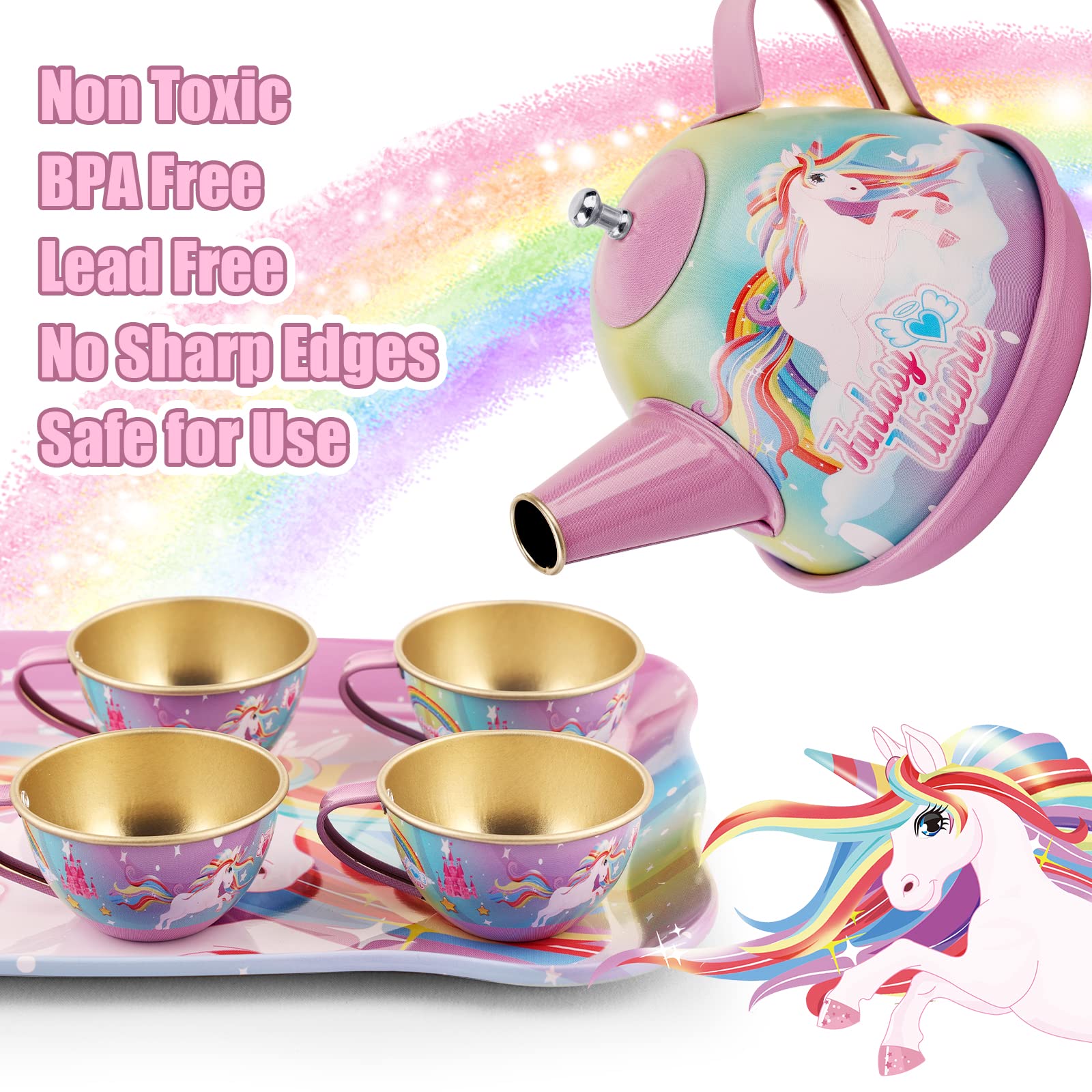 efubaby 47PCS Tea Party Set for Little Girls, Unicorn Tea Set Toys Including Teapot Cups Dessert Plates & Carrying Case, Kids Toys for Tea Party Supplies Kitchen Pretend Play for Girls Boys Age 3-12