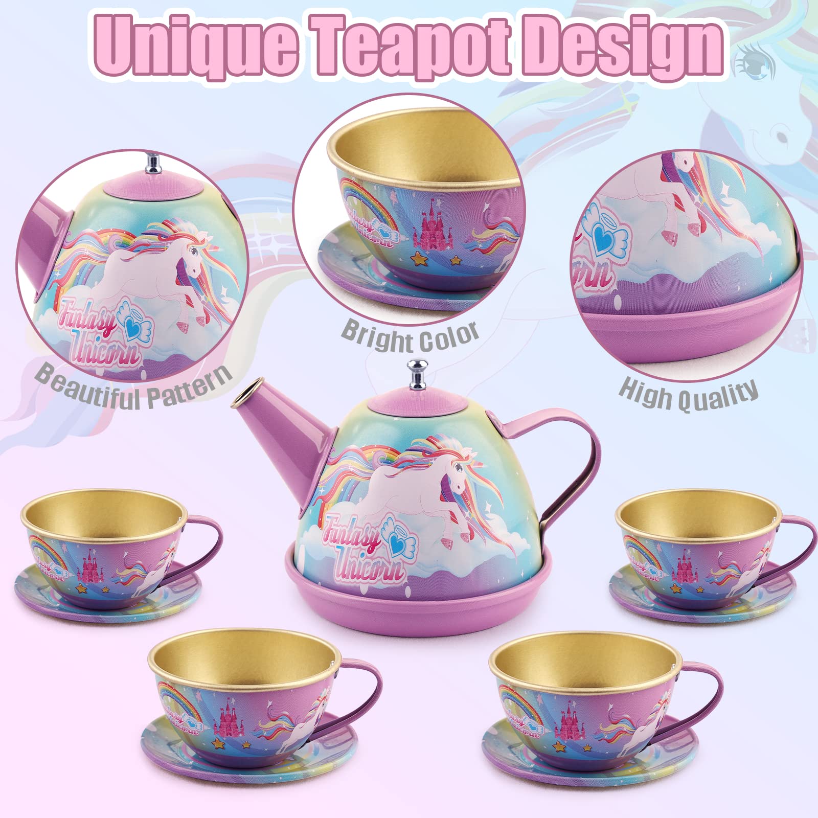 efubaby 47PCS Tea Party Set for Little Girls, Unicorn Tea Set Toys Including Teapot Cups Dessert Plates & Carrying Case, Kids Toys for Tea Party Supplies Kitchen Pretend Play for Girls Boys Age 3-12