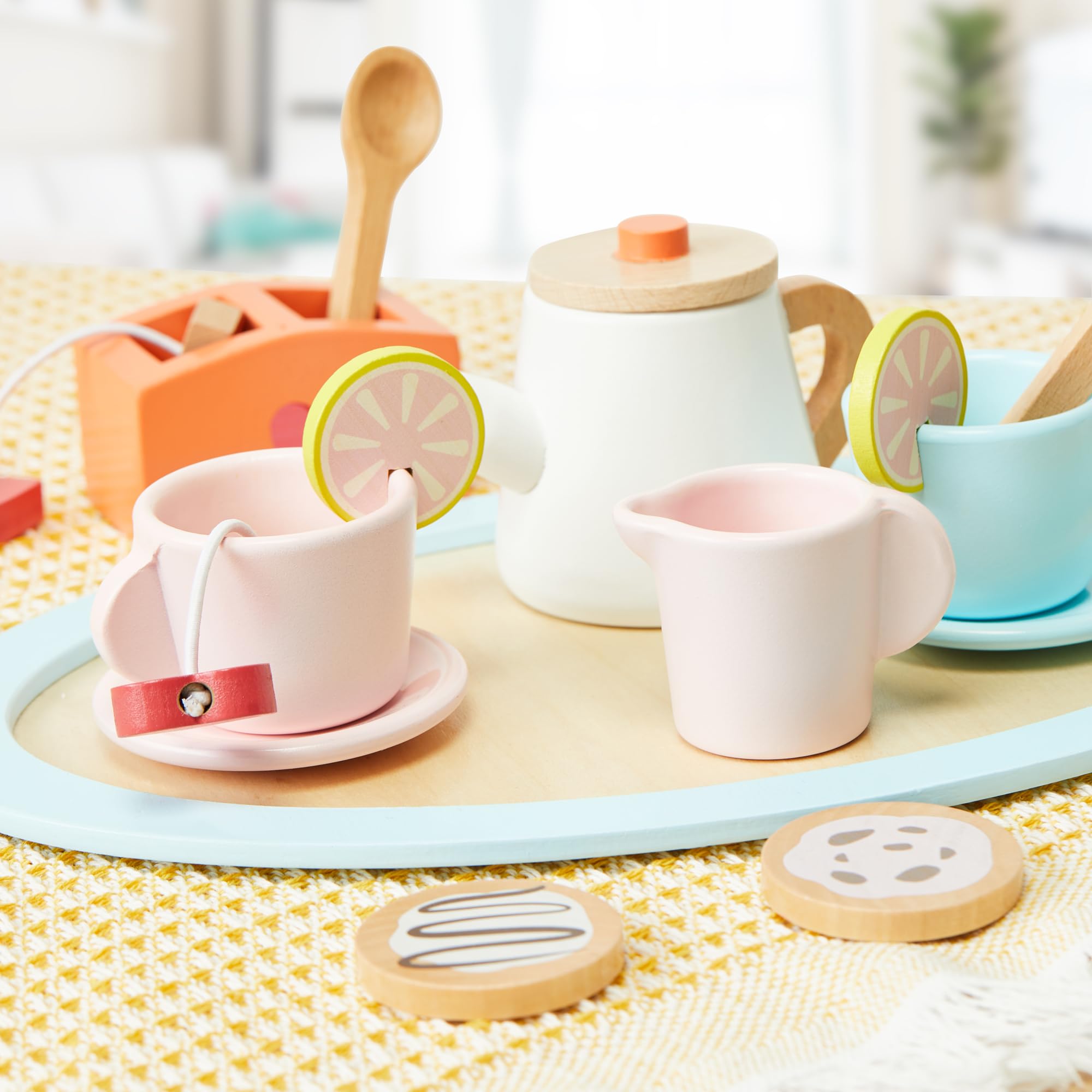 AOKAOK Wooden Tea Set for Little Girls - Play Kitchen Accessories, Kids Tea Party Set with Play Food - Perfect for Imaginative Play and Tea Party Fun!