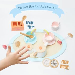 AOKAOK Wooden Tea Set for Little Girls - Play Kitchen Accessories, Kids Tea Party Set with Play Food - Perfect for Imaginative Play and Tea Party Fun!