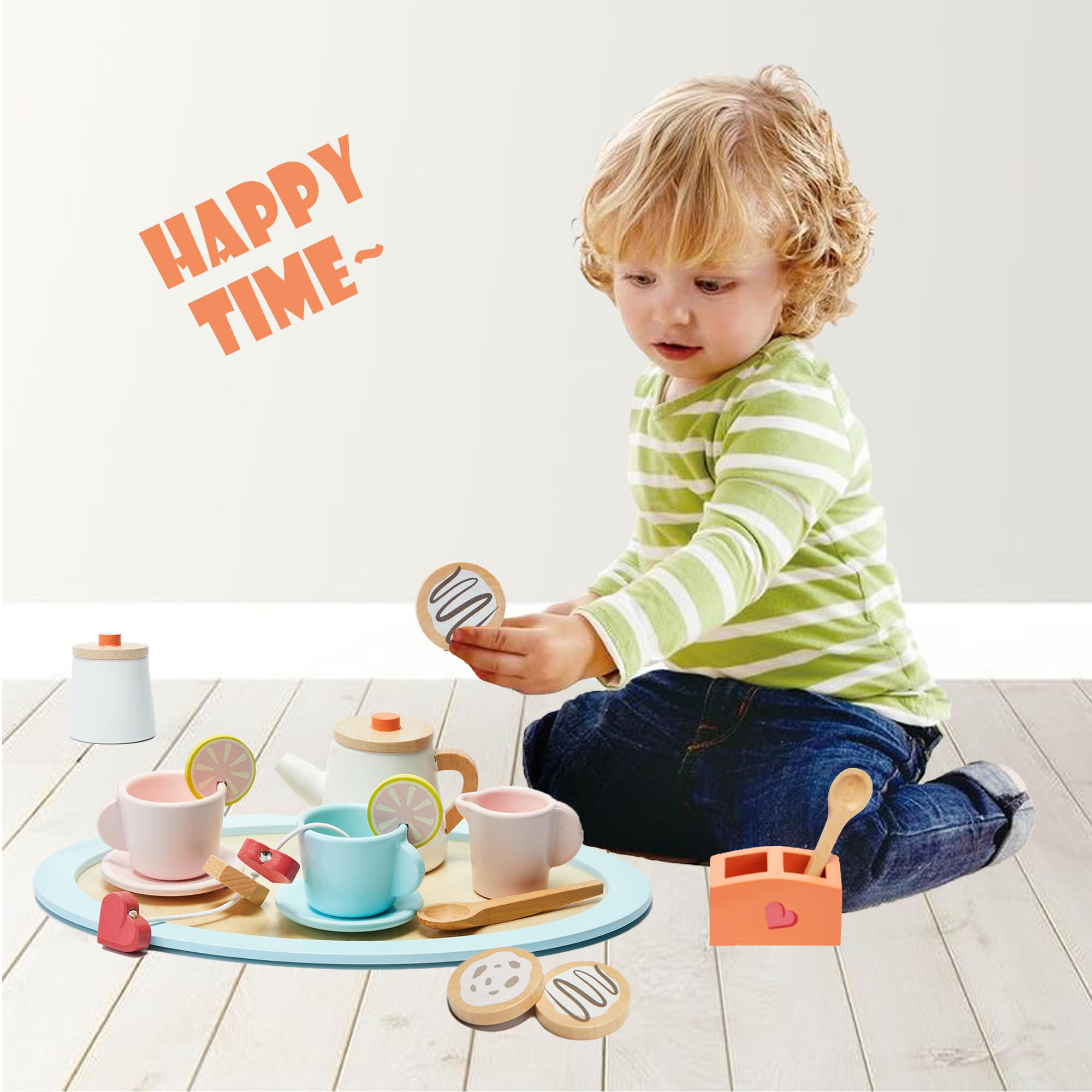 AOKAOK Wooden Tea Set for Little Girls - Play Kitchen Accessories, Kids Tea Party Set with Play Food - Perfect for Imaginative Play and Tea Party Fun!