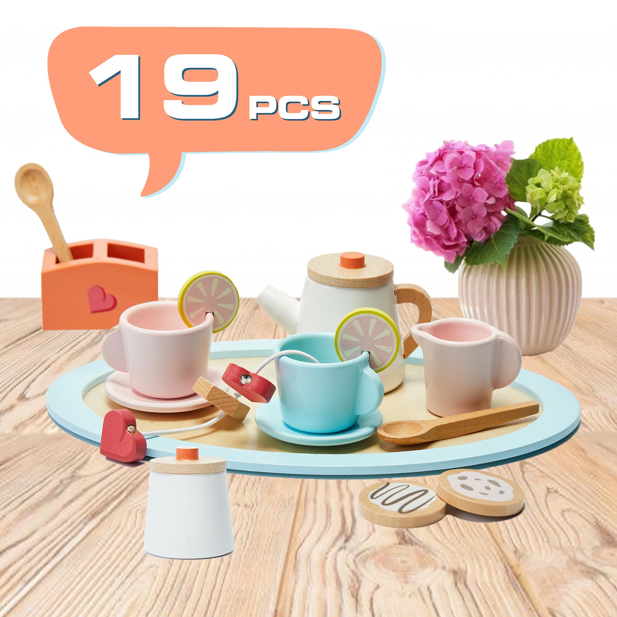 AOKAOK Wooden Tea Set for Little Girls - Play Kitchen Accessories, Kids Tea Party Set with Play Food - Perfect for Imaginative Play and Tea Party Fun!