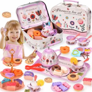 lajeje 52-piece tea party set for little girls, pretend kitchen toy for kids 3 4 5 6 year old, girls toys with tin tea set, desserts & metal carrying case, birthday,stocking stuffers for kids