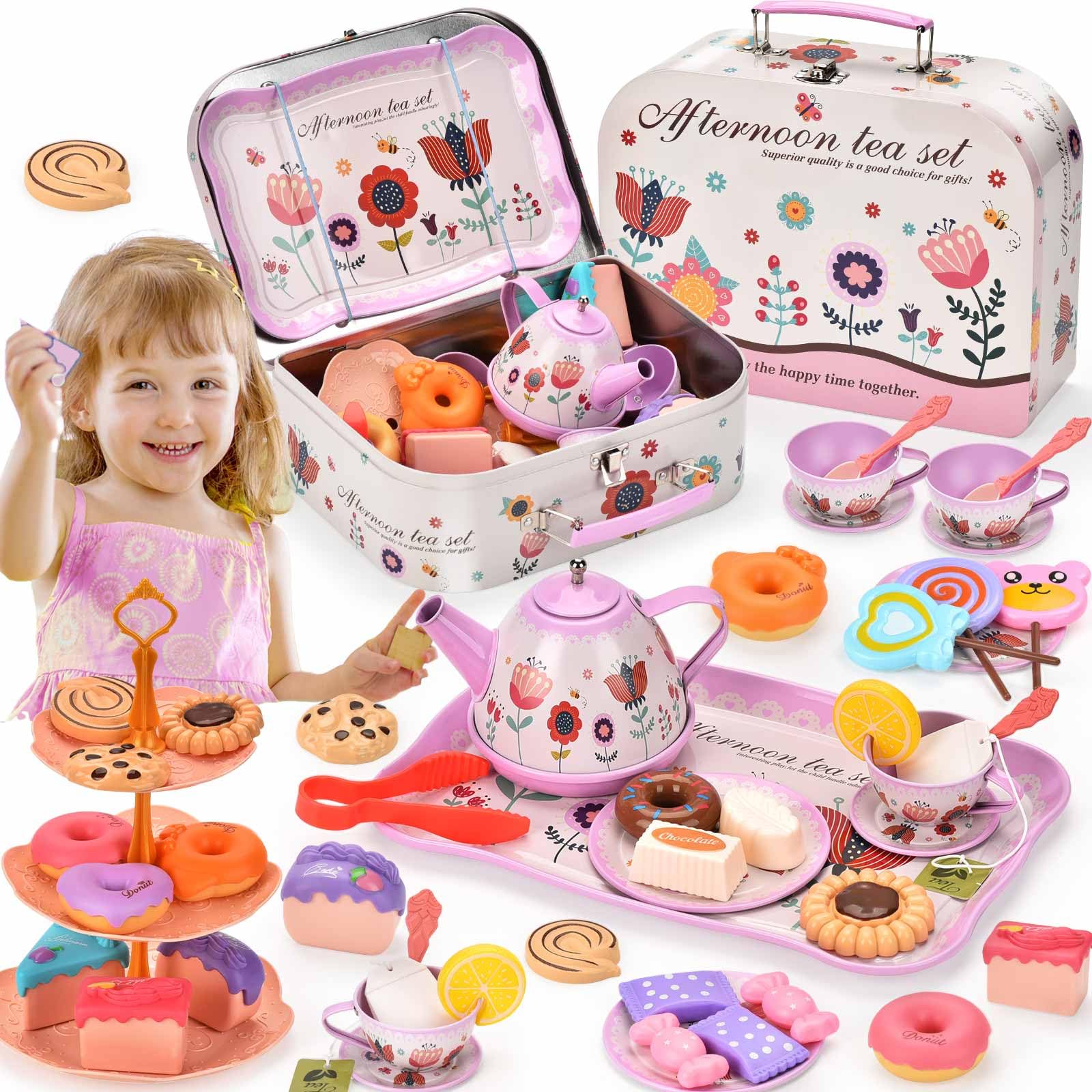 Lajeje 52-Piece Tea Party Set for Little Girls, Pretend Kitchen Toy for Kids 3 4 5 6 Year Old, Girls Toys with Tin Tea Set, Desserts & Metal Carrying Case, Birthday,Stocking stuffers for kids