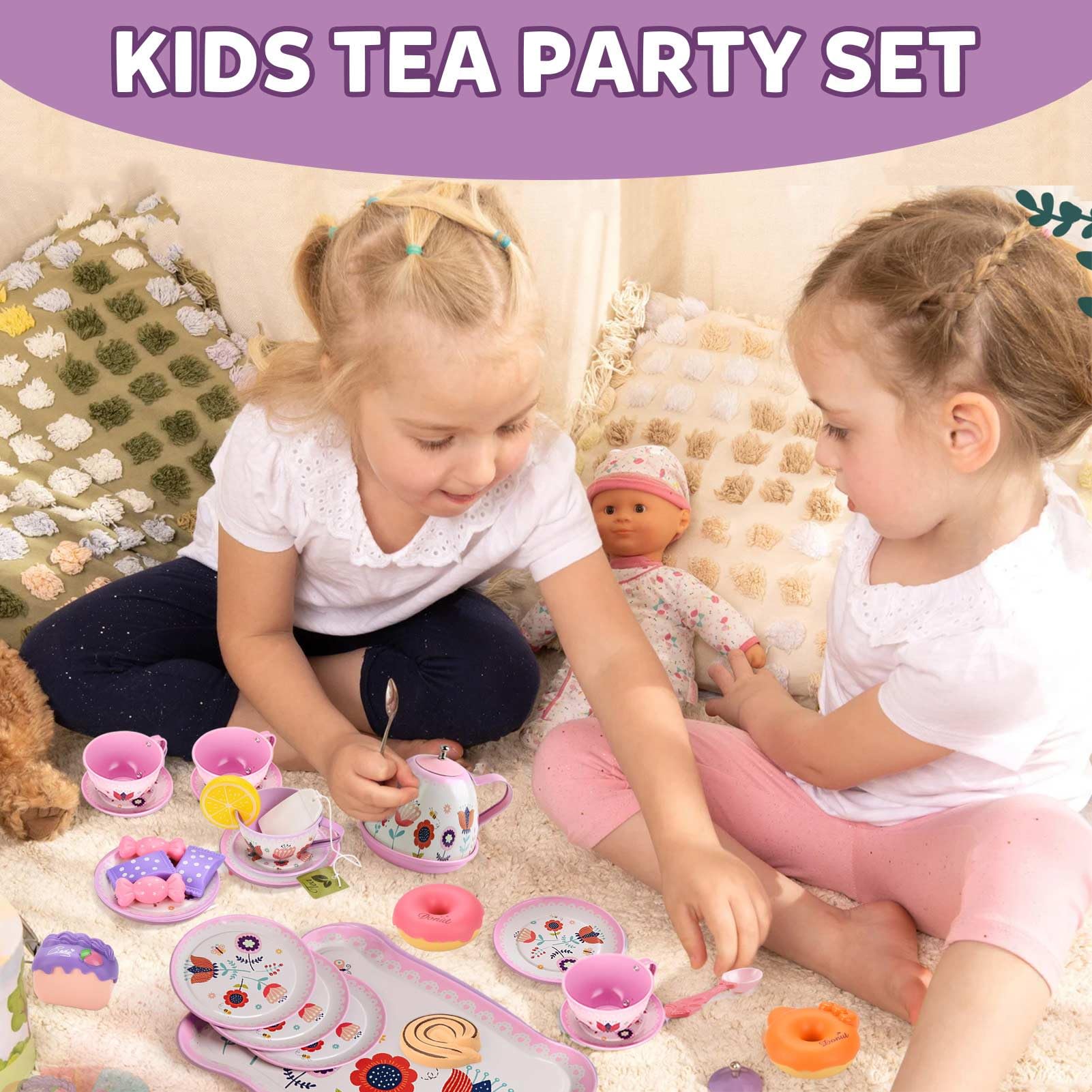 Lajeje 52-Piece Tea Party Set for Little Girls, Pretend Kitchen Toy for Kids 3 4 5 6 Year Old, Girls Toys with Tin Tea Set, Desserts & Metal Carrying Case, Birthday,Stocking stuffers for kids