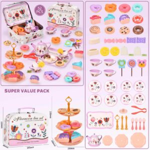 Lajeje 52-Piece Tea Party Set for Little Girls, Pretend Kitchen Toy for Kids 3 4 5 6 Year Old, Girls Toys with Tin Tea Set, Desserts & Metal Carrying Case, Birthday,Stocking stuffers for kids