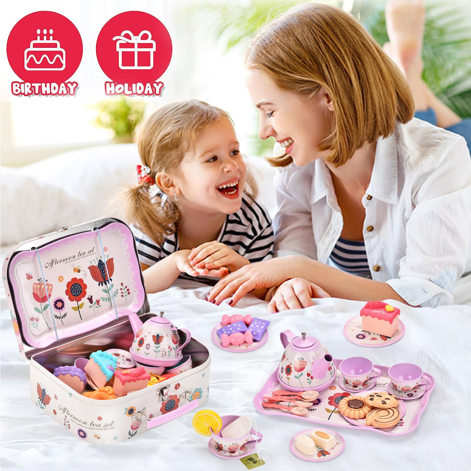 Lajeje 52-Piece Tea Party Set for Little Girls, Pretend Kitchen Toy for Kids 3 4 5 6 Year Old, Girls Toys with Tin Tea Set, Desserts & Metal Carrying Case, Birthday,Stocking stuffers for kids