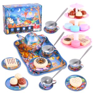 siveis tea party set for little girls boys, 36pcs kids tea toy set for 3-8 years old afternoon tea time, include blue forest animal party pattern tin teapot & cup with spoon, dessert tower,play food