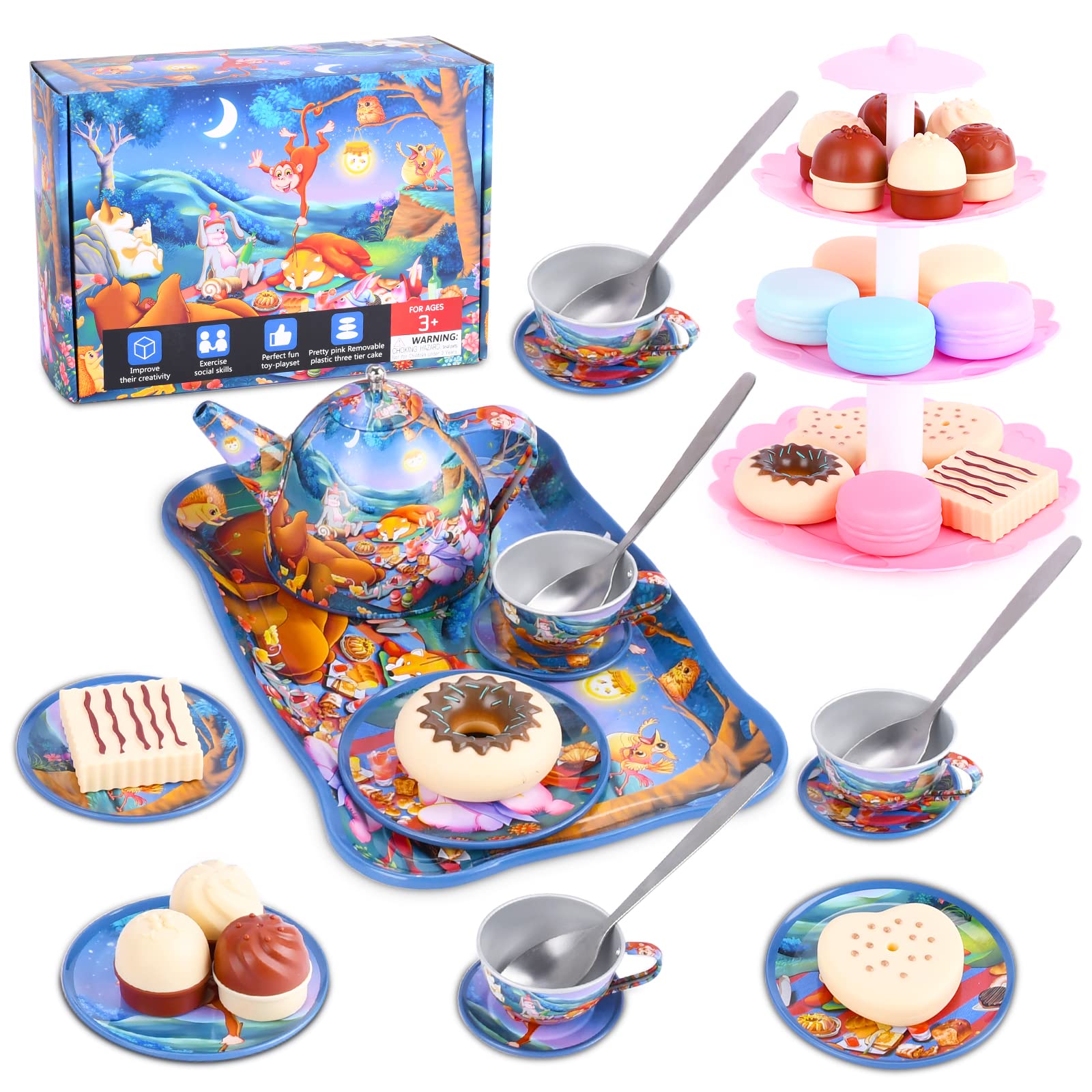 SIVEIS Tea Party Set for Little Girls Boys, 36pcs Kids Tea Toy Set for 3-8 Years Old Afternoon Tea Time, Include Blue Forest Animal Party Pattern Tin Teapot & Cup with Spoon, Dessert Tower,Play Food