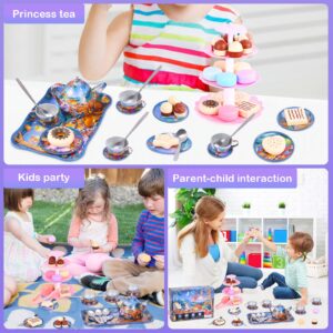 SIVEIS Tea Party Set for Little Girls Boys, 36pcs Kids Tea Toy Set for 3-8 Years Old Afternoon Tea Time, Include Blue Forest Animal Party Pattern Tin Teapot & Cup with Spoon, Dessert Tower,Play Food