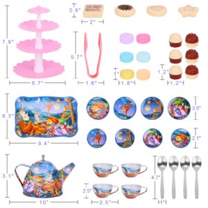 SIVEIS Tea Party Set for Little Girls Boys, 36pcs Kids Tea Toy Set for 3-8 Years Old Afternoon Tea Time, Include Blue Forest Animal Party Pattern Tin Teapot & Cup with Spoon, Dessert Tower,Play Food