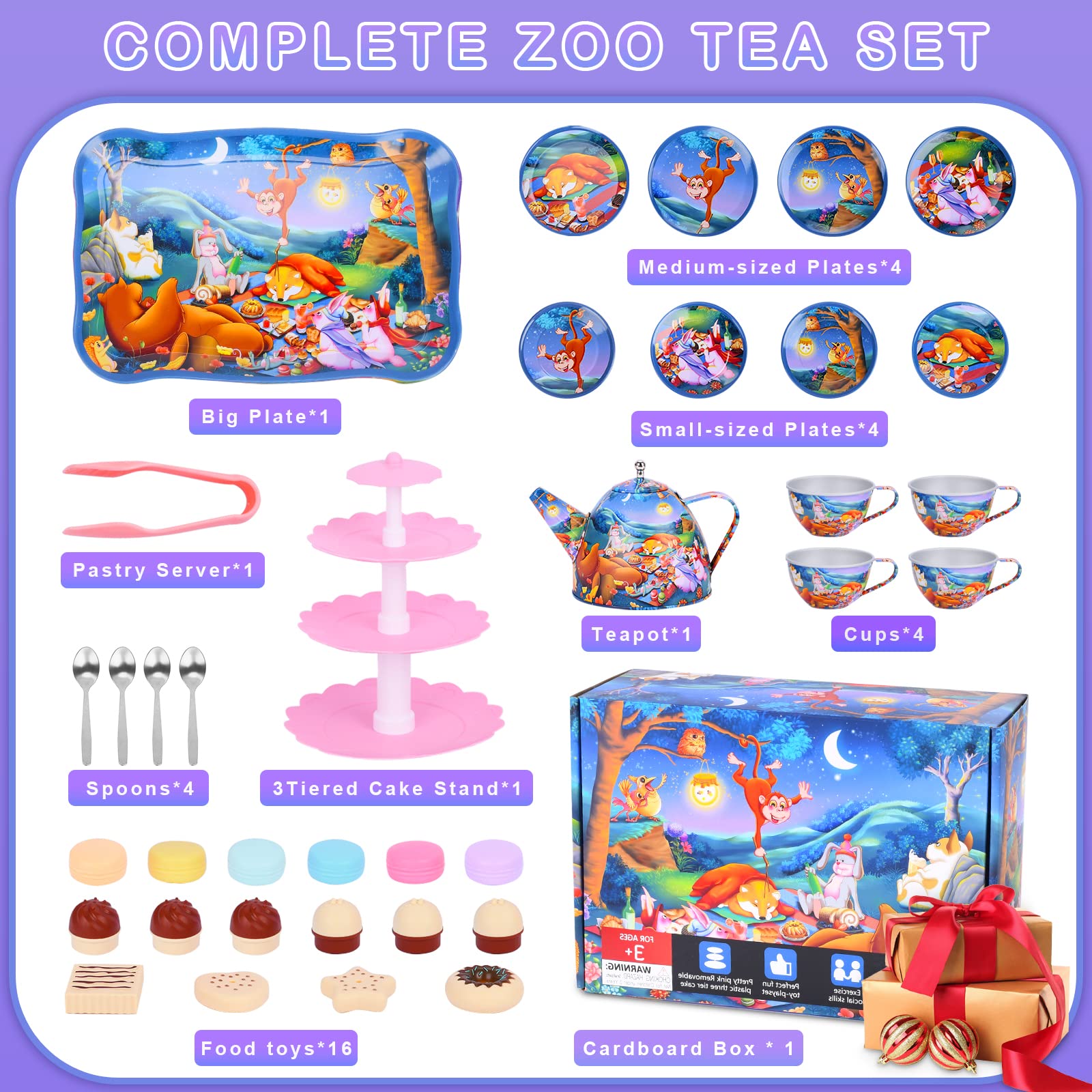 SIVEIS Tea Party Set for Little Girls Boys, 36pcs Kids Tea Toy Set for 3-8 Years Old Afternoon Tea Time, Include Blue Forest Animal Party Pattern Tin Teapot & Cup with Spoon, Dessert Tower,Play Food