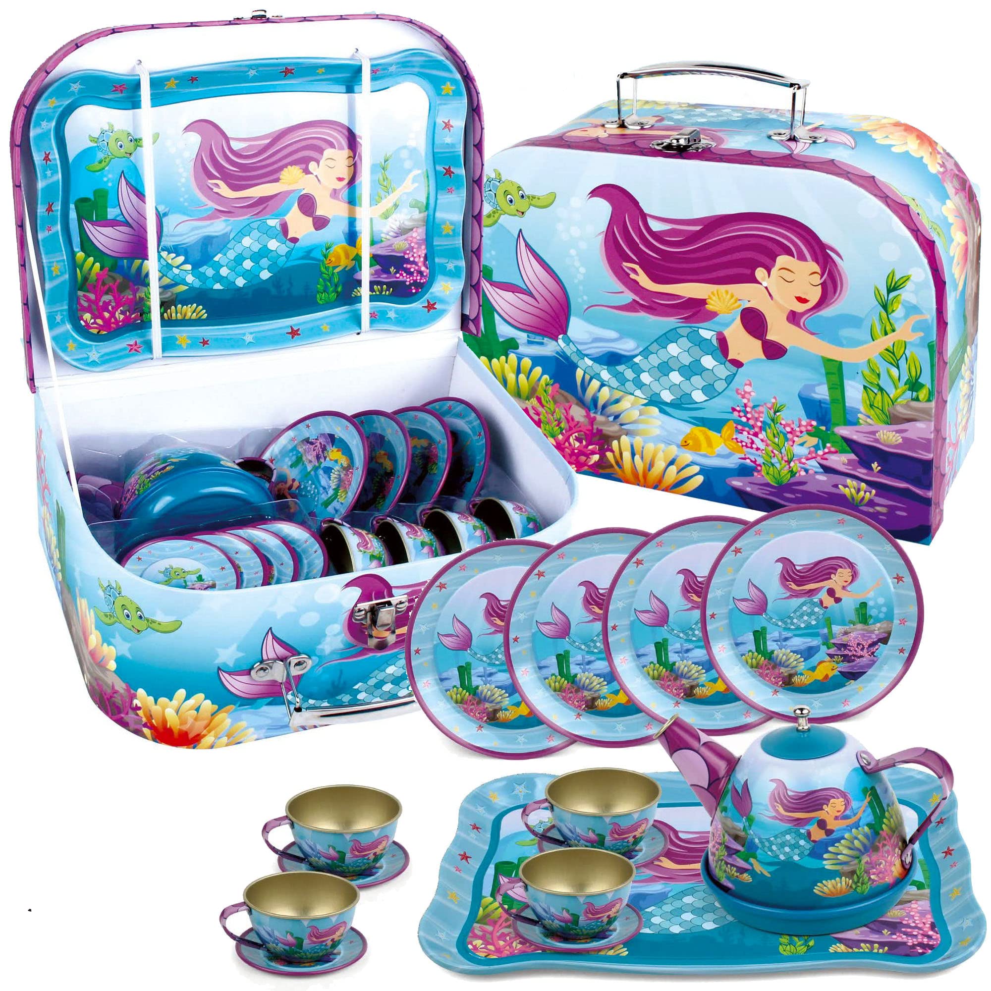 Mermaid Teapot Set for Kids Tea Party Kitchen Pretend Play - 15 Piece Under The Sea Metal Tea Time Toy for Girls