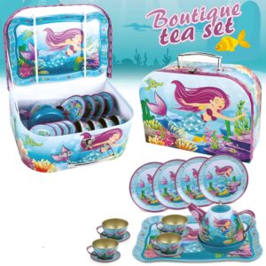 Mermaid Teapot Set for Kids Tea Party Kitchen Pretend Play - 15 Piece Under The Sea Metal Tea Time Toy for Girls