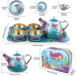 Mermaid Teapot Set for Kids Tea Party Kitchen Pretend Play - 15 Piece Under The Sea Metal Tea Time Toy for Girls