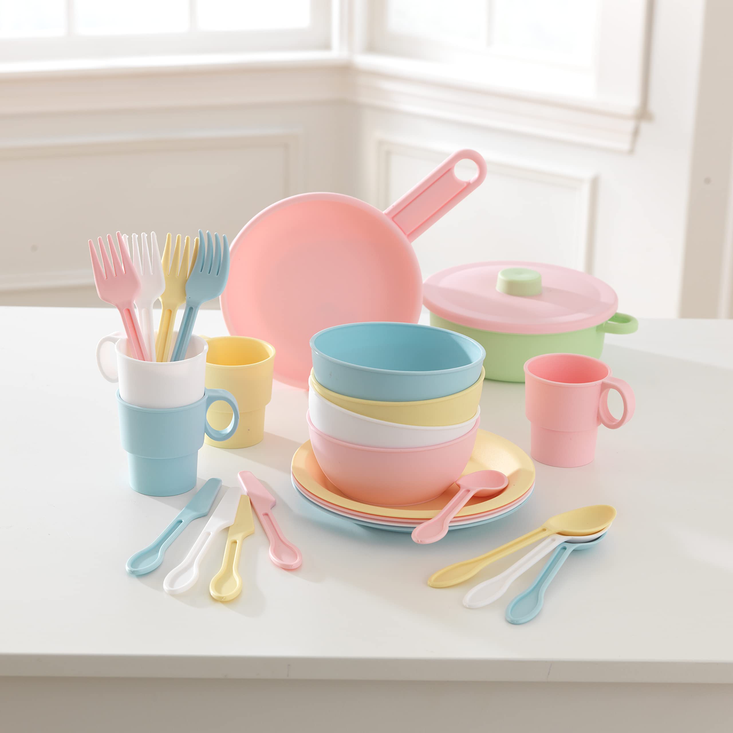 KidKraft 27-Piece Pastel Cookware Set, Plastic Dishes and Utensils for Play Kitchens, Gift for Ages 18 mo+