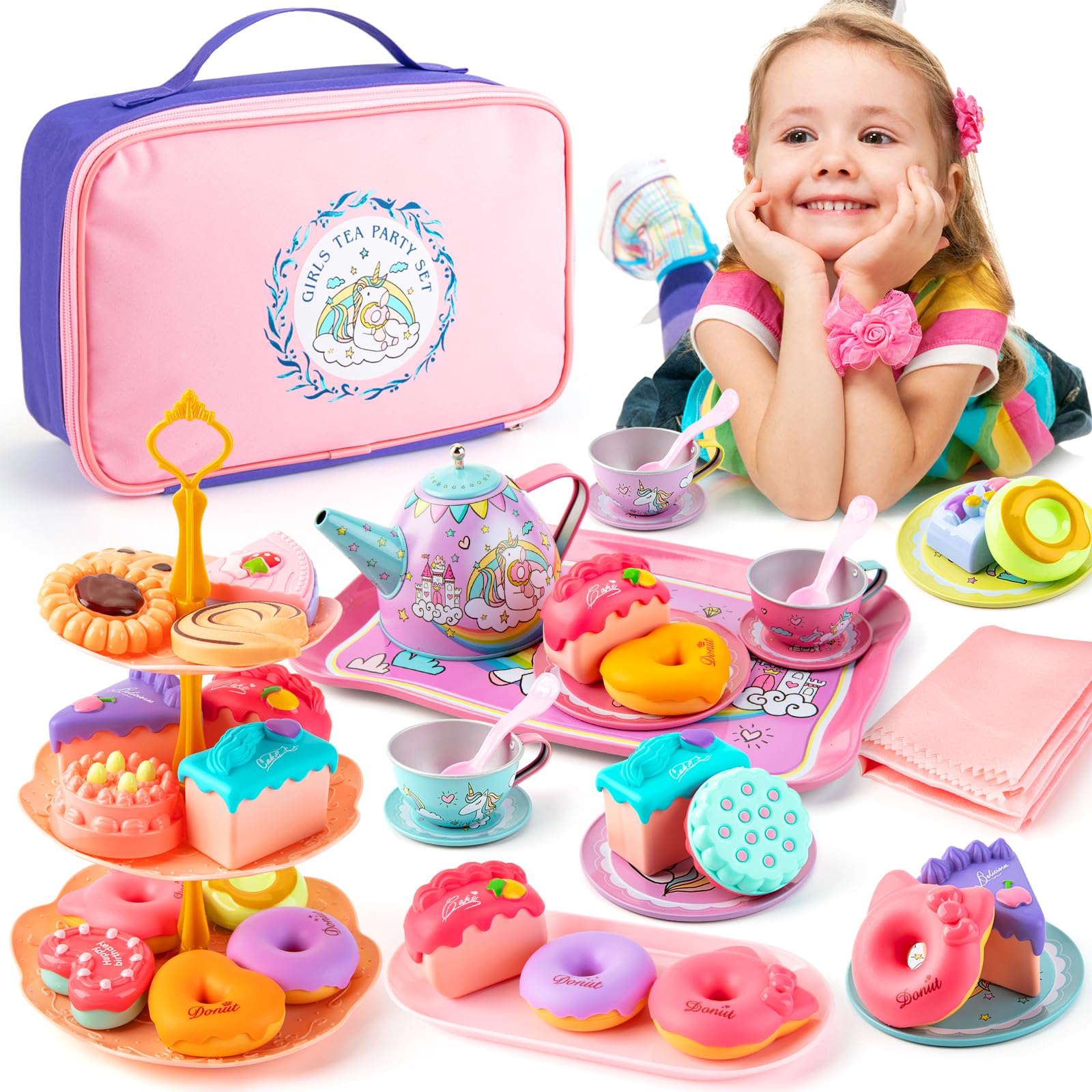 Juboury Tea Party Set for Little Girls, Pretend Tin Teapot Set with Dessert, Doughnut, Cake Stand, Tablecloth & Carrying Case, Princess Tea Time Kitchen Pretend Play Toy for Girls Age 3 4 5 6