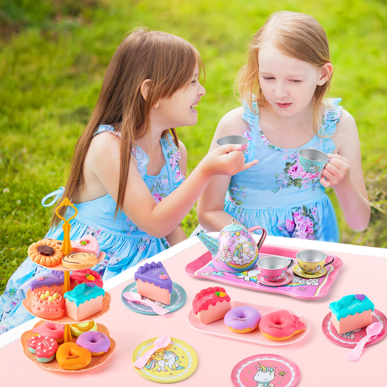 Juboury Tea Party Set for Little Girls, Pretend Tin Teapot Set with Dessert, Doughnut, Cake Stand, Tablecloth & Carrying Case, Princess Tea Time Kitchen Pretend Play Toy for Girls Age 3 4 5 6