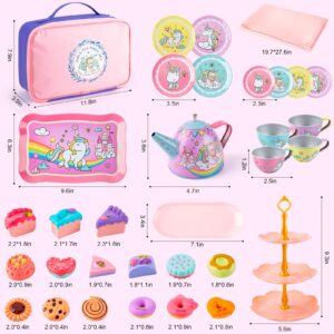 Juboury Tea Party Set for Little Girls, Pretend Tin Teapot Set with Dessert, Doughnut, Cake Stand, Tablecloth & Carrying Case, Princess Tea Time Kitchen Pretend Play Toy for Girls Age 3 4 5 6