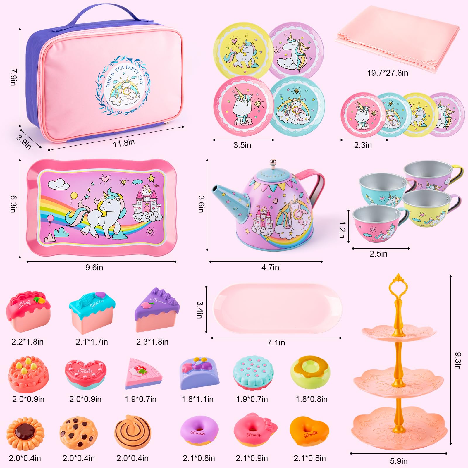 Juboury Tea Party Set for Little Girls, Pretend Tin Teapot Set with Dessert, Doughnut, Cake Stand, Tablecloth & Carrying Case, Princess Tea Time Kitchen Pretend Play Toy for Girls Age 3 4 5 6