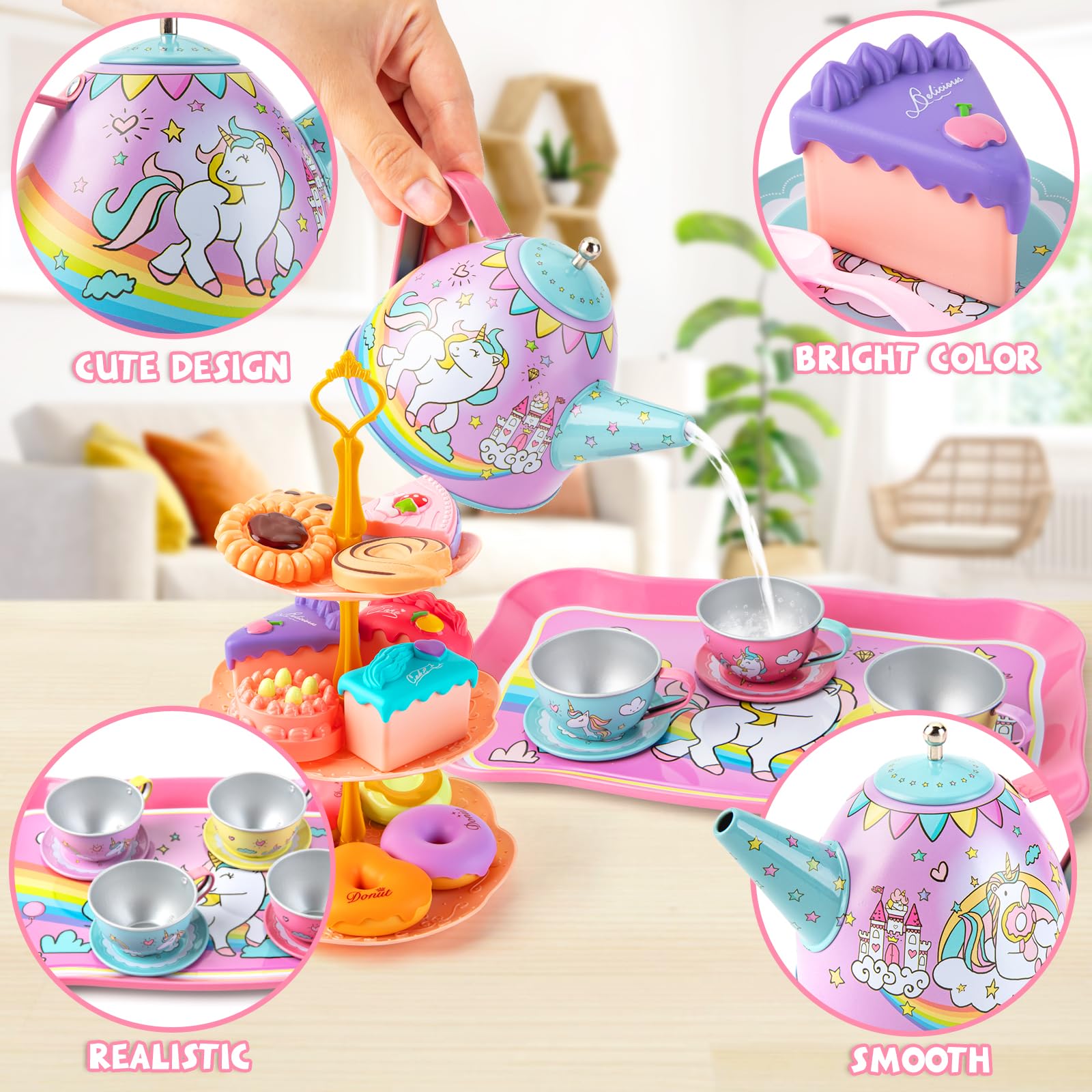 Juboury Tea Party Set for Little Girls, Pretend Tin Teapot Set with Dessert, Doughnut, Cake Stand, Tablecloth & Carrying Case, Princess Tea Time Kitchen Pretend Play Toy for Girls Age 3 4 5 6