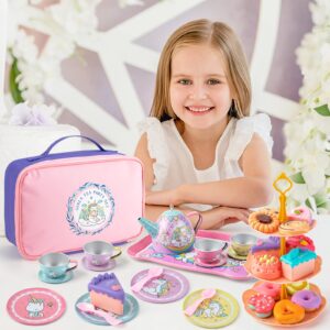 Juboury Tea Party Set for Little Girls, Pretend Tin Teapot Set with Dessert, Doughnut, Cake Stand, Tablecloth & Carrying Case, Princess Tea Time Kitchen Pretend Play Toy for Girls Age 3 4 5 6