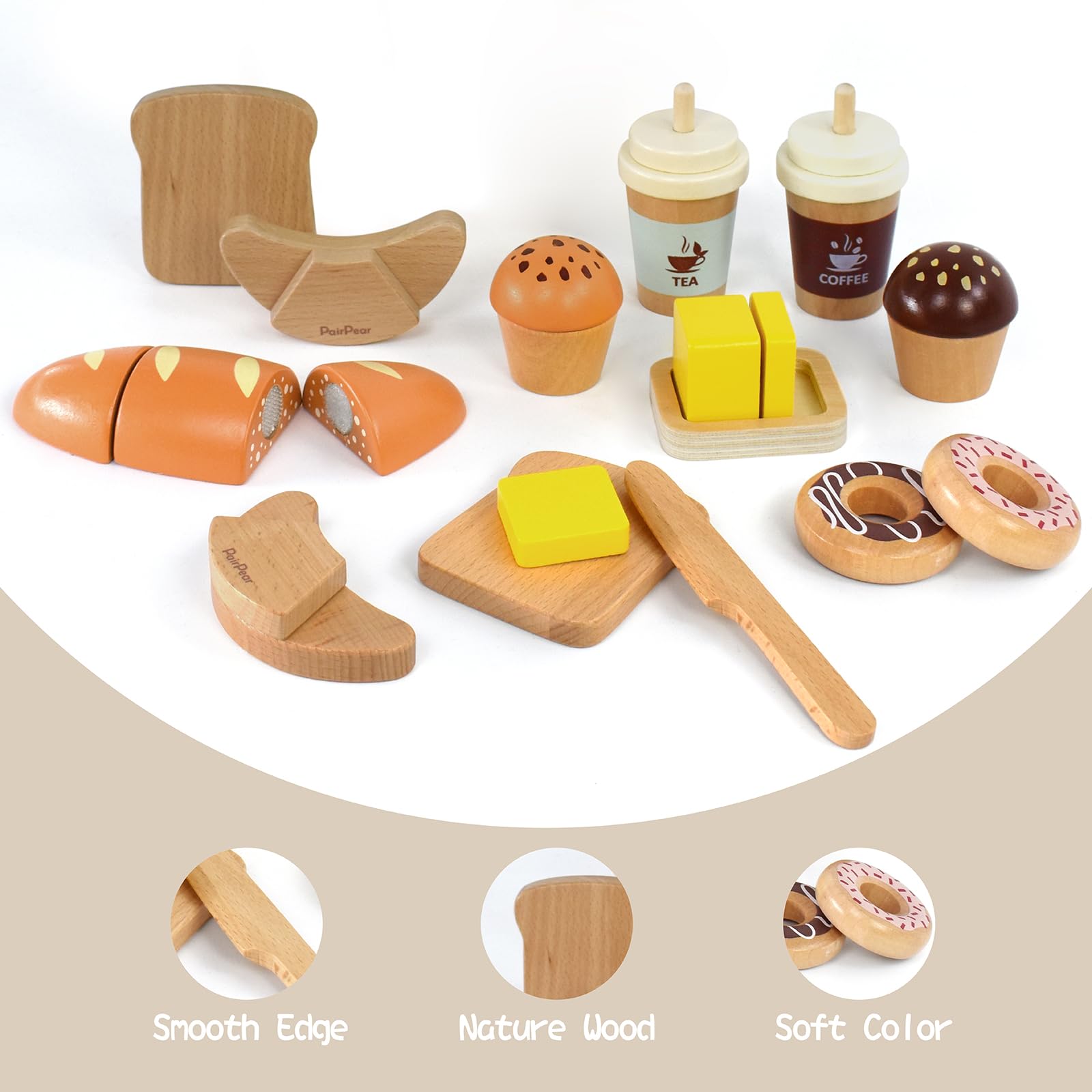 PairPear Wooden Bakery Toy Food Playset,Kids Pretend Play Food Kitchen Accessories with Shopping Bag,Toddlers Cutting Food Gift for Boys and Girls 3 Years and Up