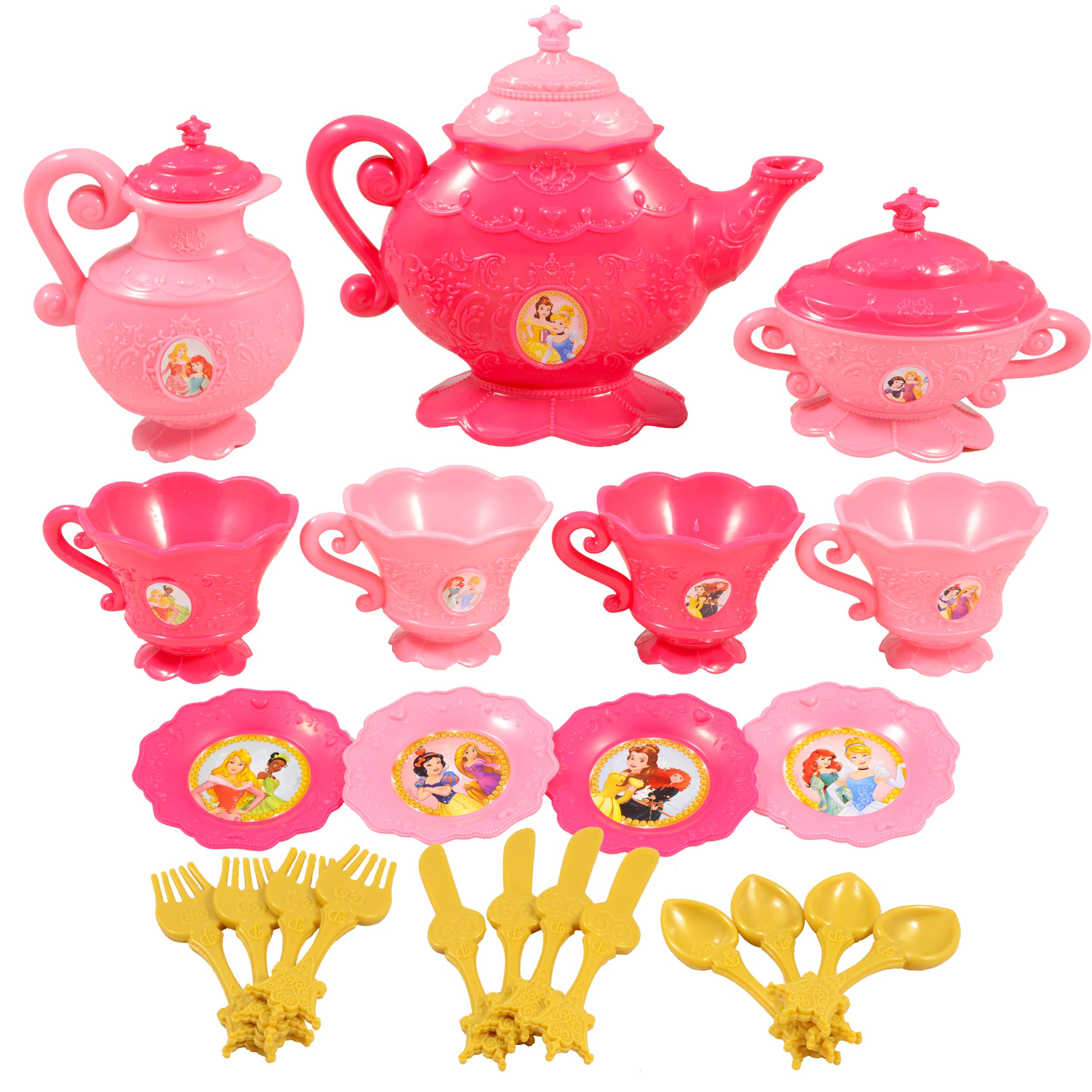 Disney Princess Playset Dinnerware Set - Plastic Princess Pretend Play Tea Time Play Set for Girls Kids Toddlers with Disney Princess Stickers and More