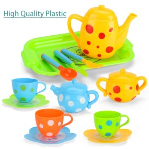 Pretend Play Toy Tea Set for Little Girls, Kids Role Play Tea Toy Party Set, 28pc Plastic Afternoon Tea Time Playset with Teapot, Cup, Knife, Fork, Spoon, Saucer, Serve Tray.