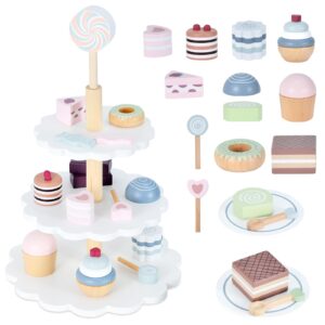 wooden tea party set for little girls, ehome princess tea time toy including dessert tray cake, 22pcs kids dessert toys pretend play for girls boys age 3-6