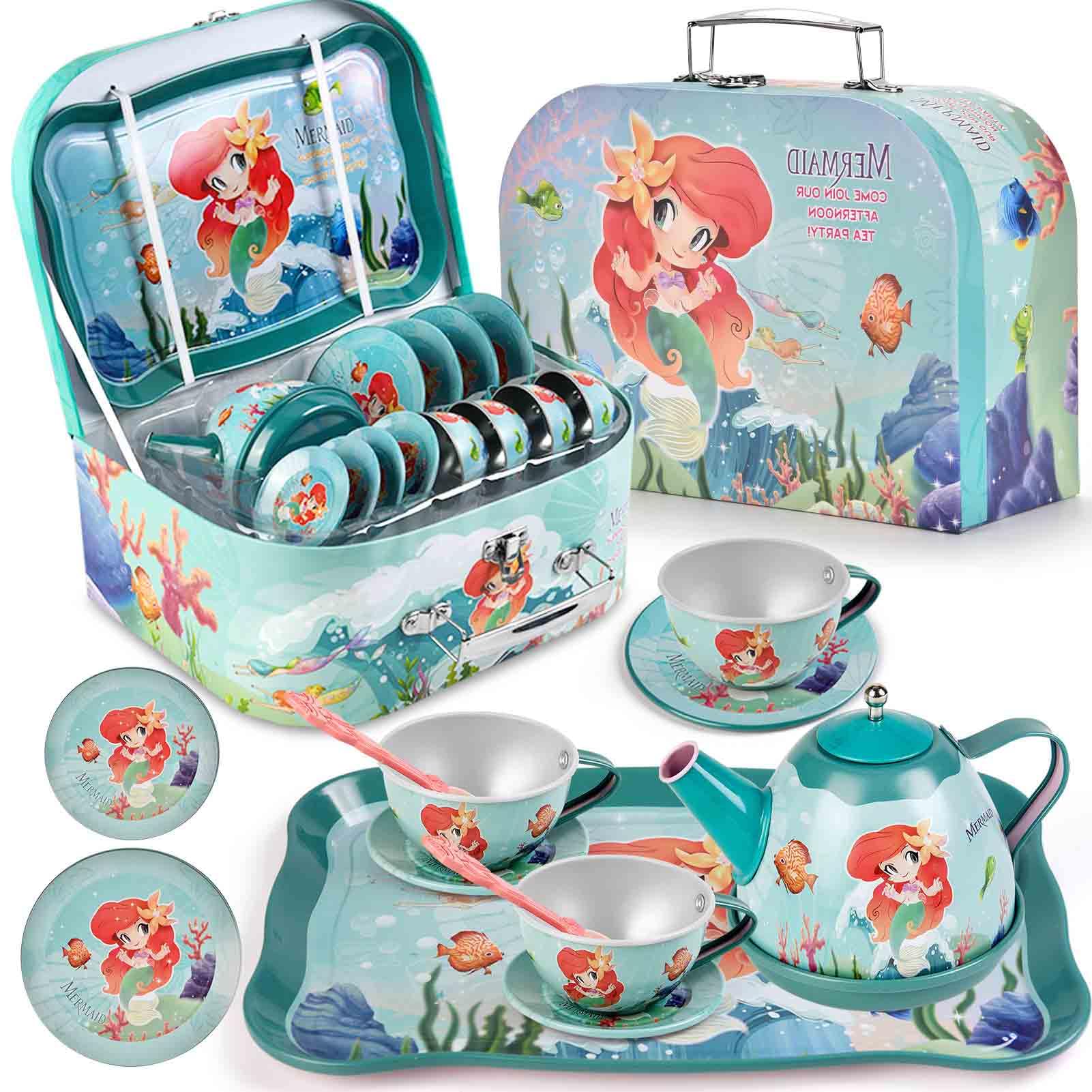 Lajeje Mermaid Tea Party Set for Little Girls, Kids Party Set Toys for 3 4 5 6 Year Old Girls, Pretend Toy Tin Tea Set & Carrying Case, Princess Tea Time Kitchen Play Toys, Birthday Gifts for Girls
