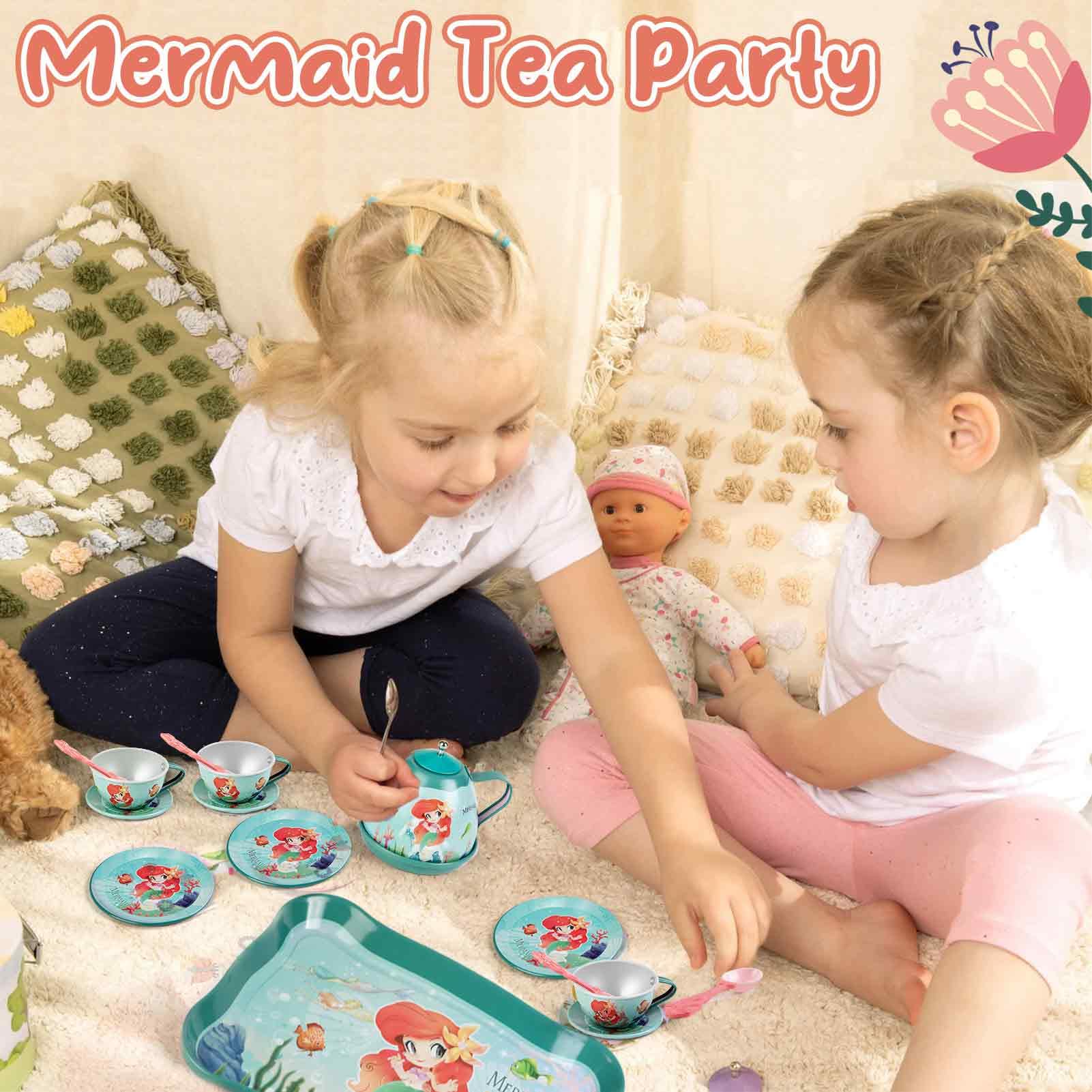 Lajeje Mermaid Tea Party Set for Little Girls, Kids Party Set Toys for 3 4 5 6 Year Old Girls, Pretend Toy Tin Tea Set & Carrying Case, Princess Tea Time Kitchen Play Toys, Birthday Gifts for Girls