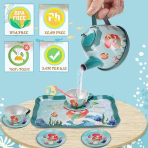 Lajeje Mermaid Tea Party Set for Little Girls, Kids Party Set Toys for 3 4 5 6 Year Old Girls, Pretend Toy Tin Tea Set & Carrying Case, Princess Tea Time Kitchen Play Toys, Birthday Gifts for Girls