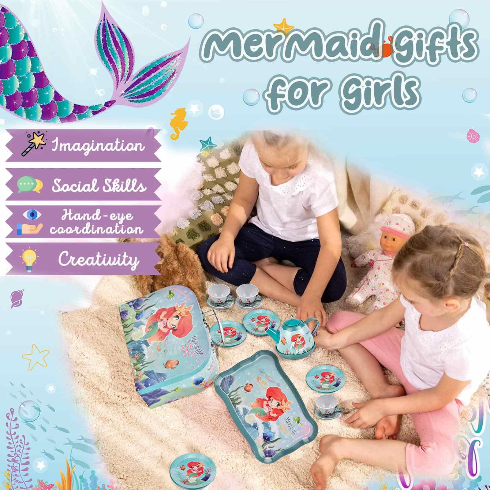 Lajeje Mermaid Tea Party Set for Little Girls, Kids Party Set Toys for 3 4 5 6 Year Old Girls, Pretend Toy Tin Tea Set & Carrying Case, Princess Tea Time Kitchen Play Toys, Birthday Gifts for Girls