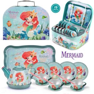 Lajeje Mermaid Tea Party Set for Little Girls, Kids Party Set Toys for 3 4 5 6 Year Old Girls, Pretend Toy Tin Tea Set & Carrying Case, Princess Tea Time Kitchen Play Toys, Birthday Gifts for Girls