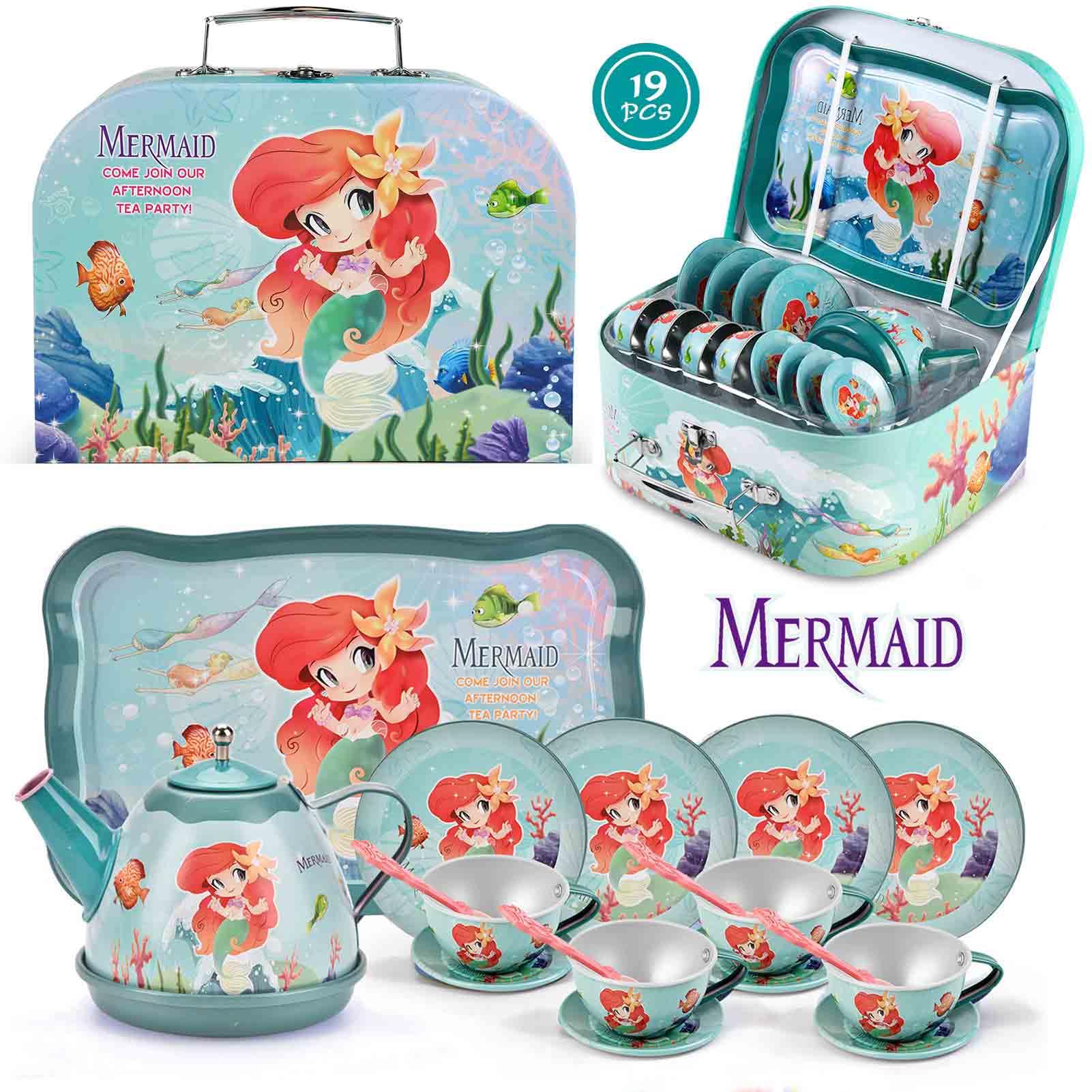 Lajeje Mermaid Tea Party Set for Little Girls, Kids Party Set Toys for 3 4 5 6 Year Old Girls, Pretend Toy Tin Tea Set & Carrying Case, Princess Tea Time Kitchen Play Toys, Birthday Gifts for Girls