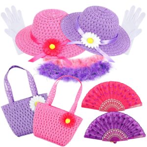 Girls Tea Party Set Includes 10 Pcs Hats Fan Tea Party Gloves Small Pink Purse Feather Boas Toy Tea Sets for Little Girls Kids Children Birthdays Easter Party Supplies Accessories