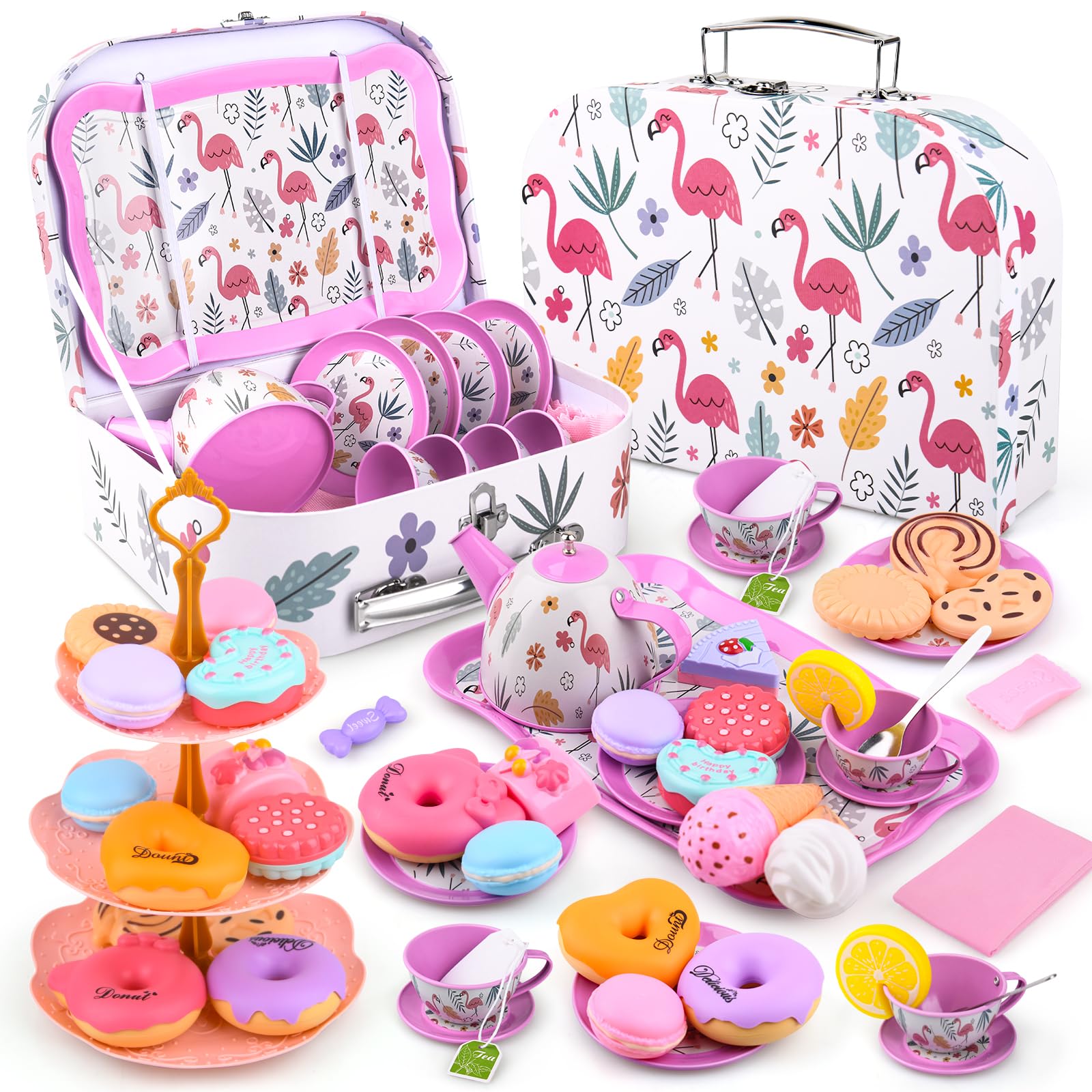 41Pcs Tea Party Set for Little Girls, Pretend Tin Teapot Set, Princess Tea Time Play Kitchen Toy with Dessert, Doughnut, Carrying Birthday Gift Case for Toddlers Age 3 4 5 6