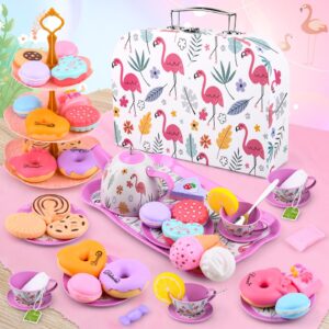 41Pcs Tea Party Set for Little Girls, Pretend Tin Teapot Set, Princess Tea Time Play Kitchen Toy with Dessert, Doughnut, Carrying Birthday Gift Case for Toddlers Age 3 4 5 6