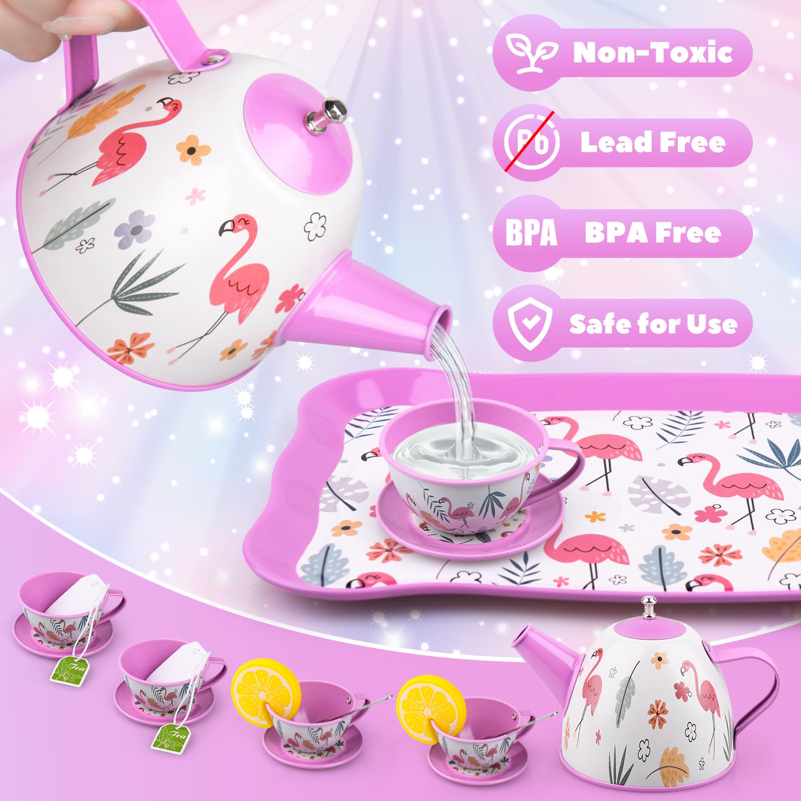 41Pcs Tea Party Set for Little Girls, Pretend Tin Teapot Set, Princess Tea Time Play Kitchen Toy with Dessert, Doughnut, Carrying Birthday Gift Case for Toddlers Age 3 4 5 6