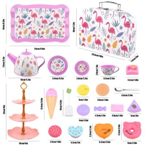 41Pcs Tea Party Set for Little Girls, Pretend Tin Teapot Set, Princess Tea Time Play Kitchen Toy with Dessert, Doughnut, Carrying Birthday Gift Case for Toddlers Age 3 4 5 6