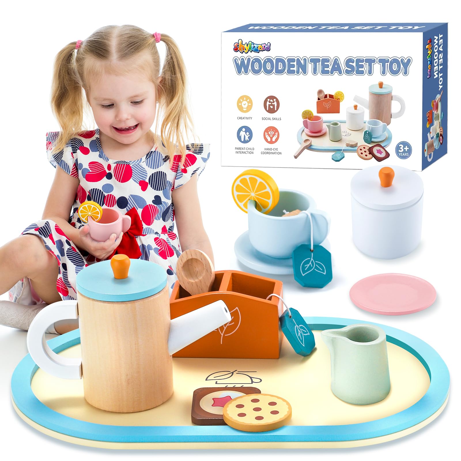 ShyLizard Wooden Tea Set for Little Girls, ,Toddlers Tea Set, Princess Tea Party Set for Girls, Toys for 3 4 5 6 Years Girls, Christmas Birthday Gifts for Girls, Kitchen Accessories Toy, 17PCS