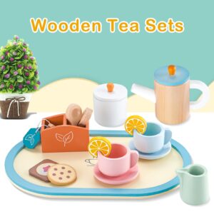 ShyLizard Wooden Tea Set for Little Girls, ,Toddlers Tea Set, Princess Tea Party Set for Girls, Toys for 3 4 5 6 Years Girls, Christmas Birthday Gifts for Girls, Kitchen Accessories Toy, 17PCS